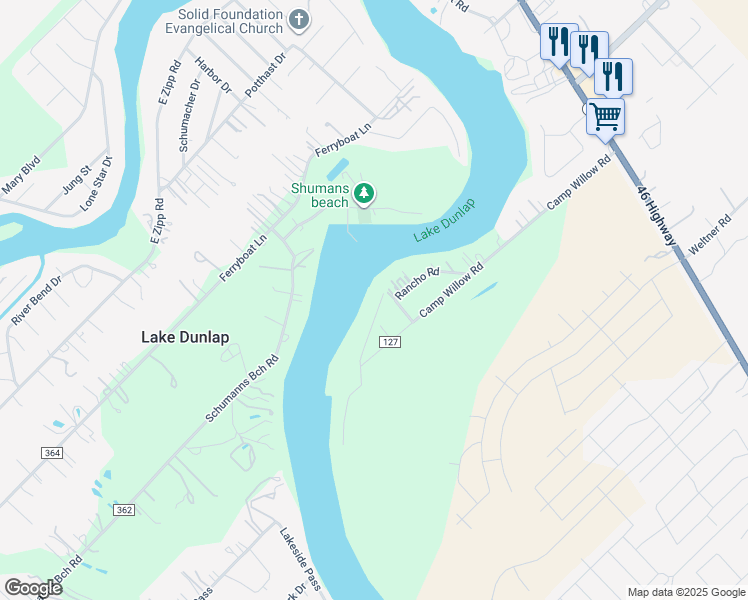 map of restaurants, bars, coffee shops, grocery stores, and more near 112 Camp Porter Road in New Braunfels