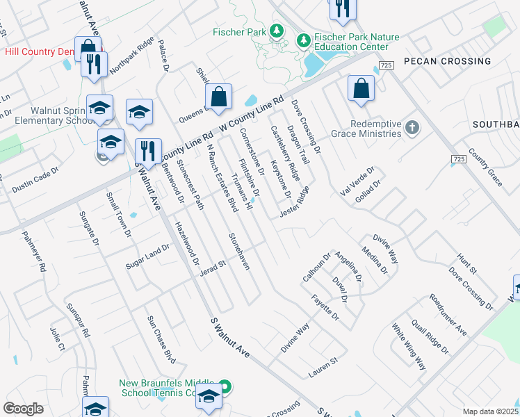 map of restaurants, bars, coffee shops, grocery stores, and more near 2154 Flintshire Drive in New Braunfels
