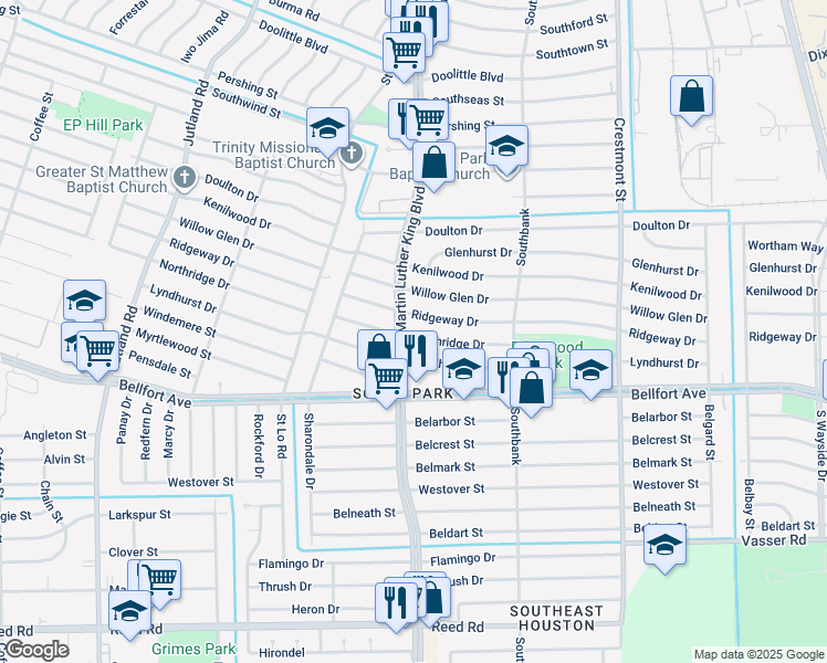 map of restaurants, bars, coffee shops, grocery stores, and more near 5703 Northridge Drive in Houston