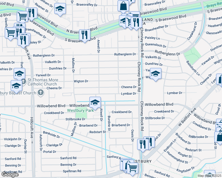 map of restaurants, bars, coffee shops, grocery stores, and more near 5519 Cheena Drive in Houston
