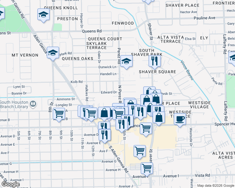map of restaurants, bars, coffee shops, grocery stores, and more near 1410A Edward Drive in South Houston