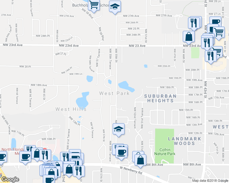 map of restaurants, bars, coffee shops, grocery stores, and more near 1720 Northwest 55th Street in Gainesville