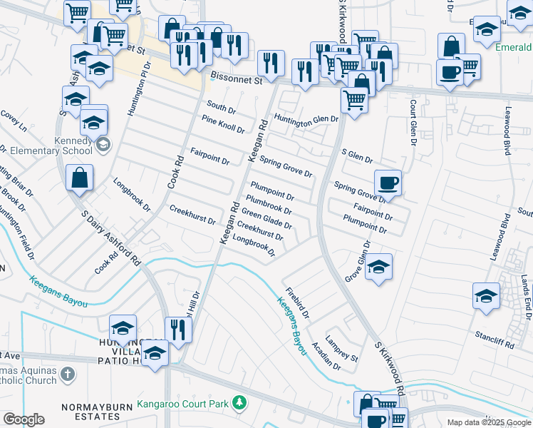 map of restaurants, bars, coffee shops, grocery stores, and more near 12042 Green Glade Drive in Houston
