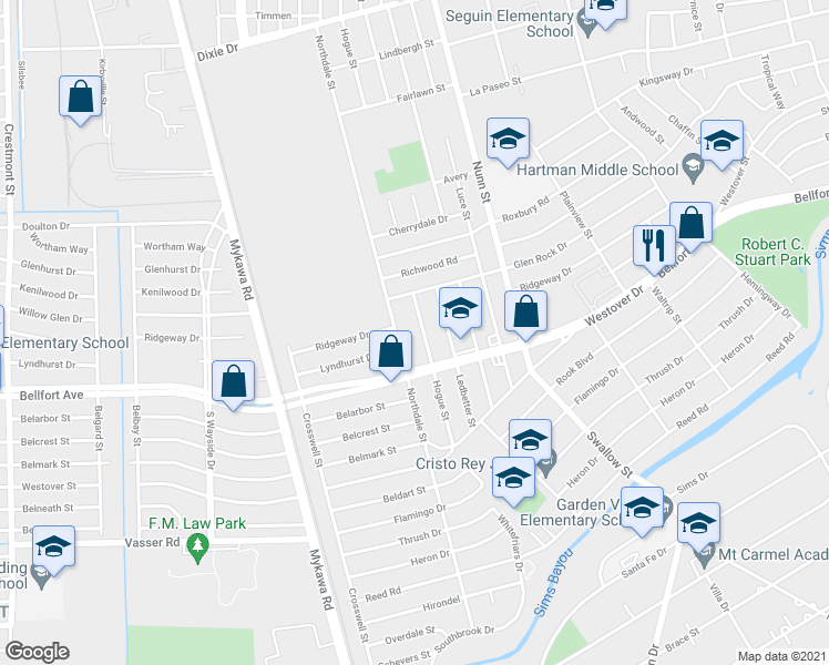 map of restaurants, bars, coffee shops, grocery stores, and more near 6524 Hogue Street in Houston