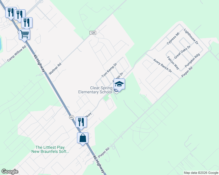 map of restaurants, bars, coffee shops, grocery stores, and more near 510 Briggs Drive in New Braunfels