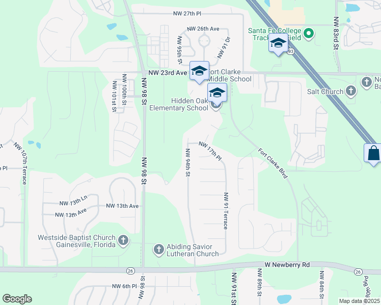 map of restaurants, bars, coffee shops, grocery stores, and more near 1634 Northwest 94 Street in Gainesville