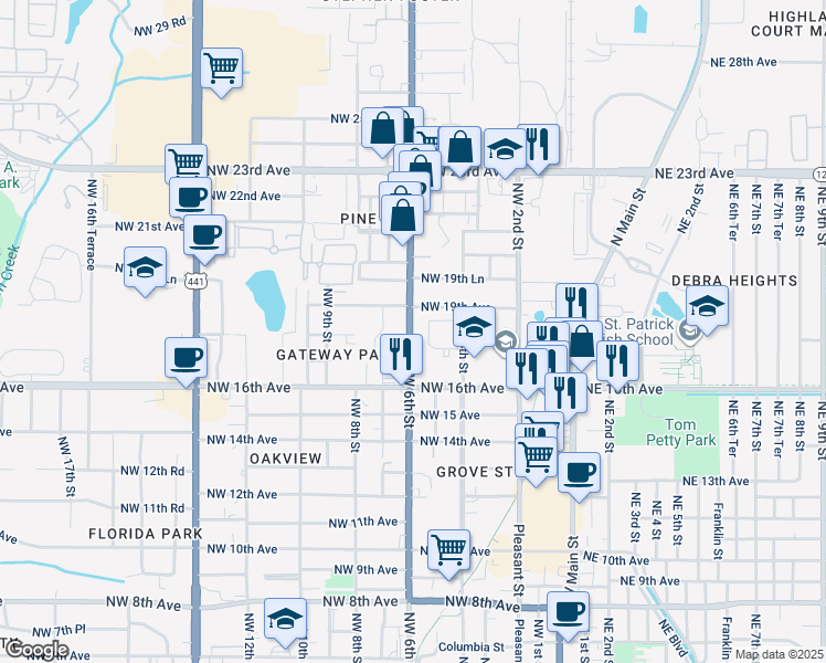 map of restaurants, bars, coffee shops, grocery stores, and more near 1731 Northwest 6th Street in Gainesville