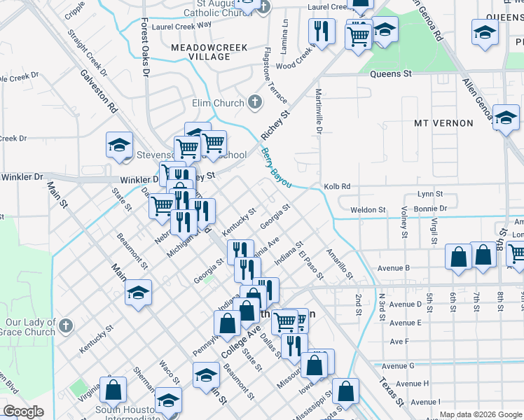 map of restaurants, bars, coffee shops, grocery stores, and more near 302 Kentucky Street in South Houston