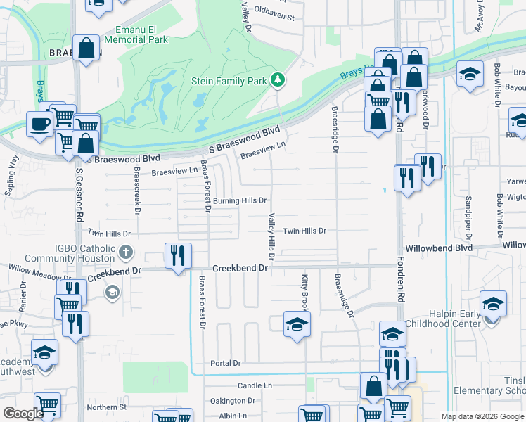 map of restaurants, bars, coffee shops, grocery stores, and more near 7906 Braes Meadow Drive in Houston