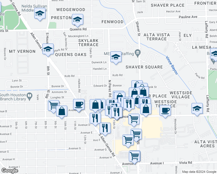 map of restaurants, bars, coffee shops, grocery stores, and more near 1410A Edward Drive in South Houston