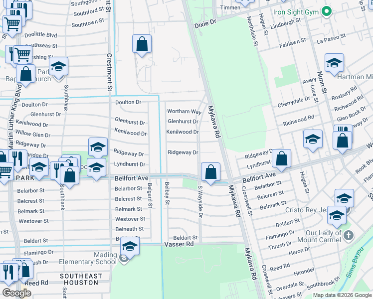 map of restaurants, bars, coffee shops, grocery stores, and more near 6135 Ridgeway Drive in Houston