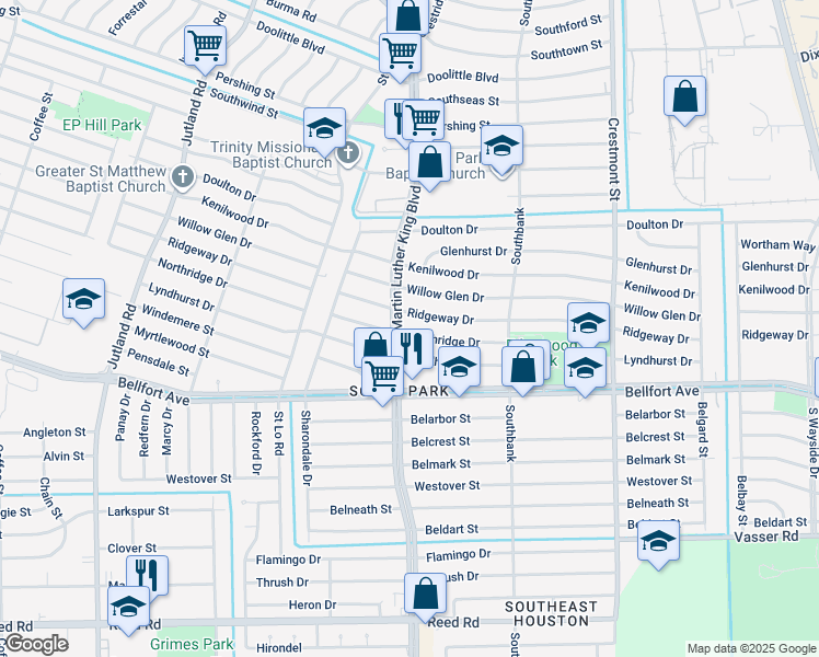 map of restaurants, bars, coffee shops, grocery stores, and more near 5703 Northridge Drive in Houston