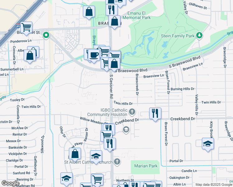 map of restaurants, bars, coffee shops, grocery stores, and more near 10209 South Gessner Road in Houston