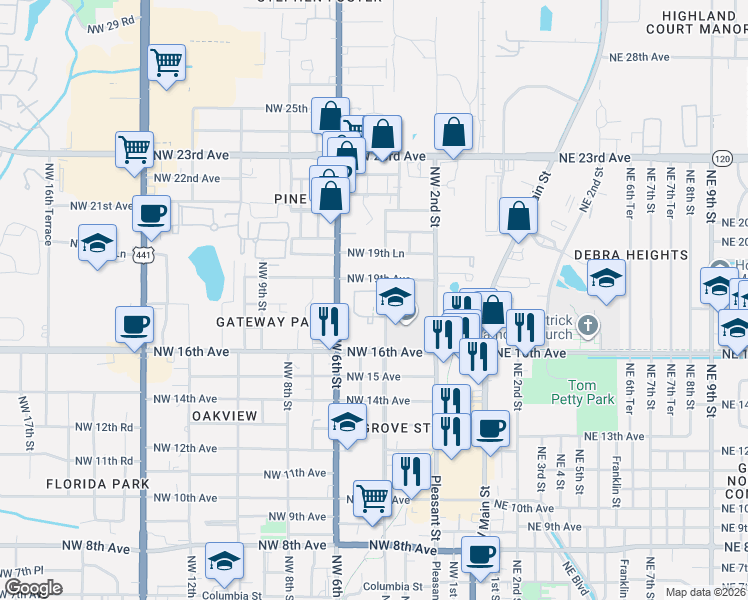 map of restaurants, bars, coffee shops, grocery stores, and more near 1800 Northwest 4th Street in Gainesville