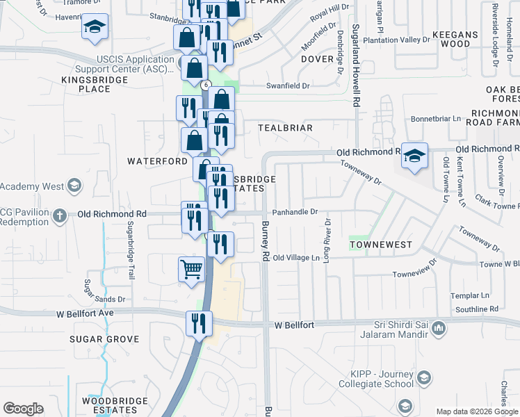 map of restaurants, bars, coffee shops, grocery stores, and more near 10043 Halston Dr in Sugar Land