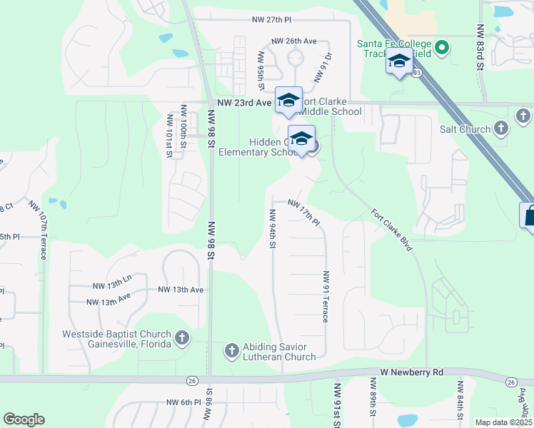 map of restaurants, bars, coffee shops, grocery stores, and more near 1634 Northwest 94 Street in Gainesville