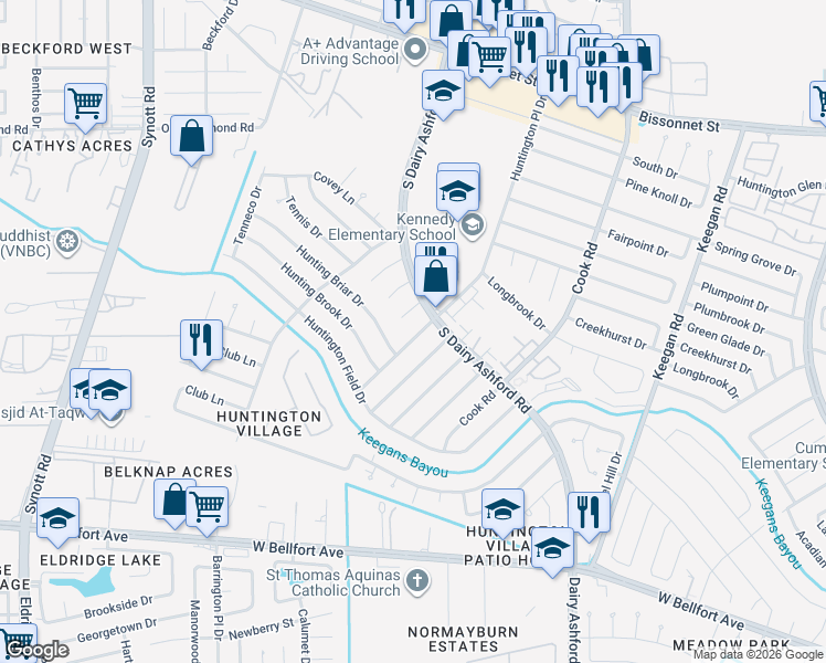map of restaurants, bars, coffee shops, grocery stores, and more near 10414 Huntington Place Drive in Houston