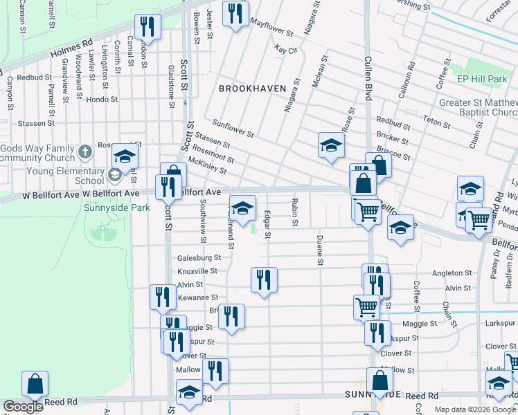 map of restaurants, bars, coffee shops, grocery stores, and more near 4350 Sterling Street in Houston