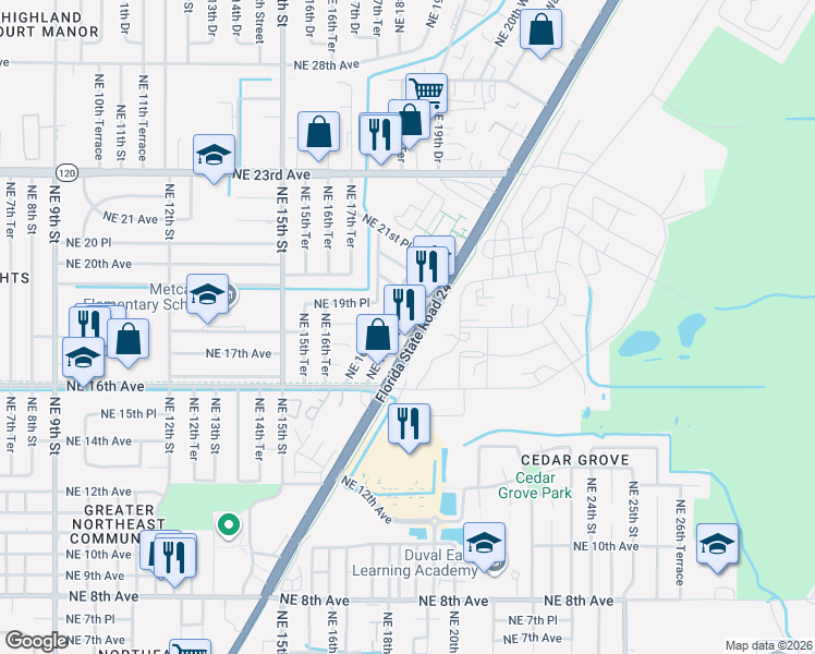 map of restaurants, bars, coffee shops, grocery stores, and more near 1826 Northeast Waldo Road in Gainesville