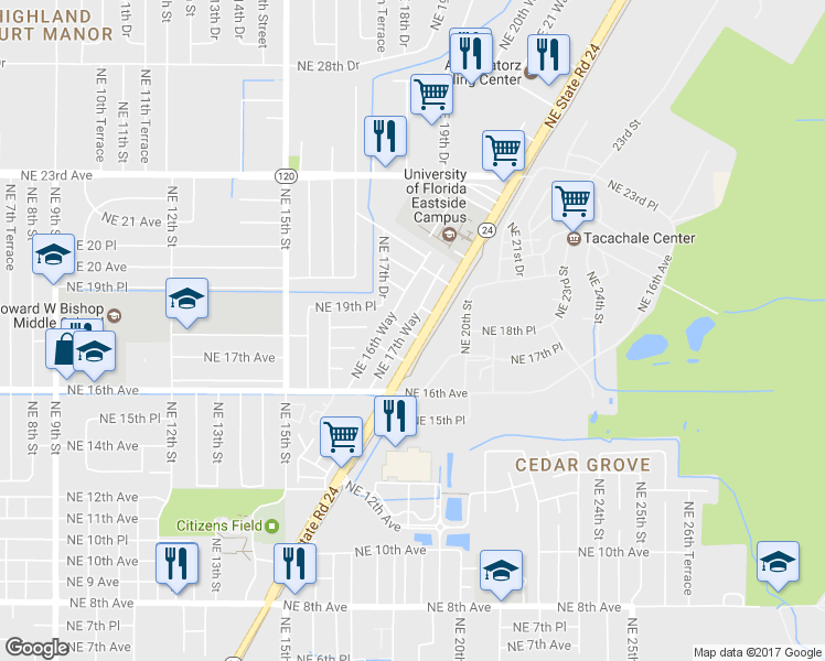 map of restaurants, bars, coffee shops, grocery stores, and more near 1823 Northeast 17th Way in Gainesville