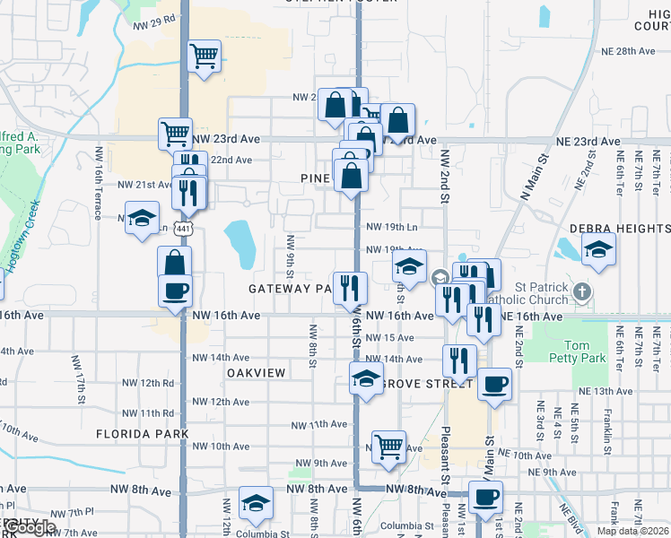 map of restaurants, bars, coffee shops, grocery stores, and more near 1804 Northwest 7 Street in Gainesville