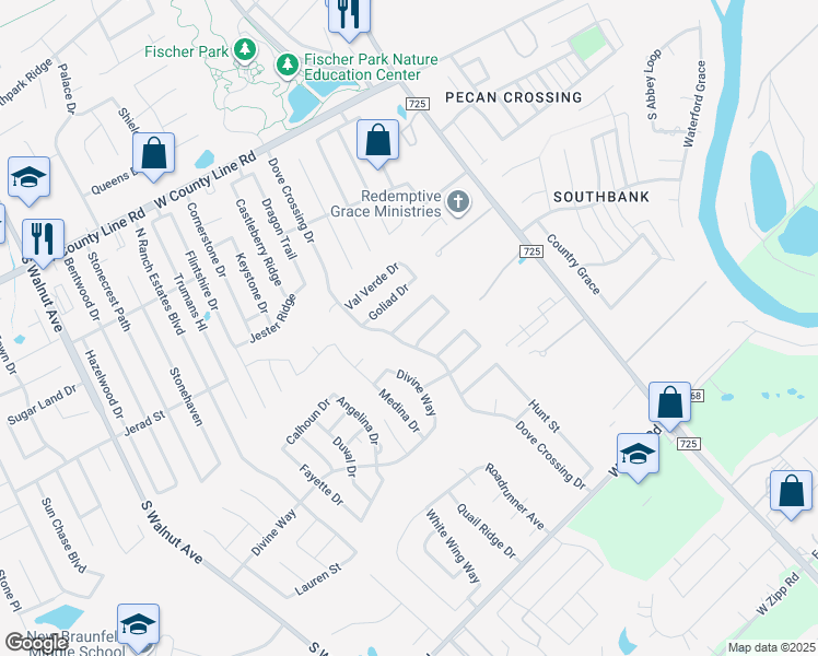 map of restaurants, bars, coffee shops, grocery stores, and more near 239 Rock Springs Drive in New Braunfels