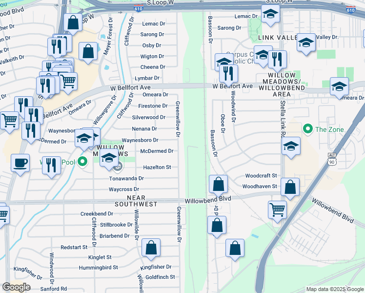 map of restaurants, bars, coffee shops, grocery stores, and more near 10411 Greenwillow Street in Houston