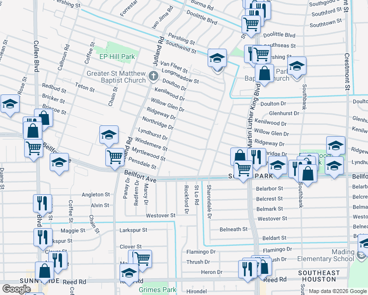 map of restaurants, bars, coffee shops, grocery stores, and more near 5330 Lyndhurst Drive in Houston