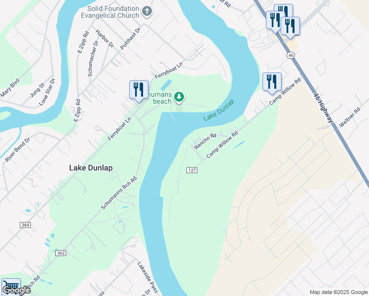 map of restaurants, bars, coffee shops, grocery stores, and more near 112 Camp Porter Road in New Braunfels