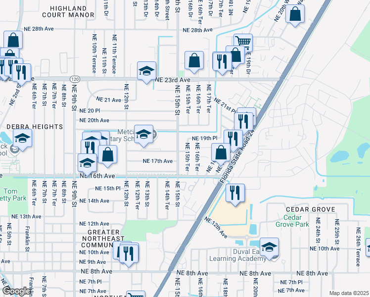 map of restaurants, bars, coffee shops, grocery stores, and more near 1802 Northeast 15th Terrace in Gainesville