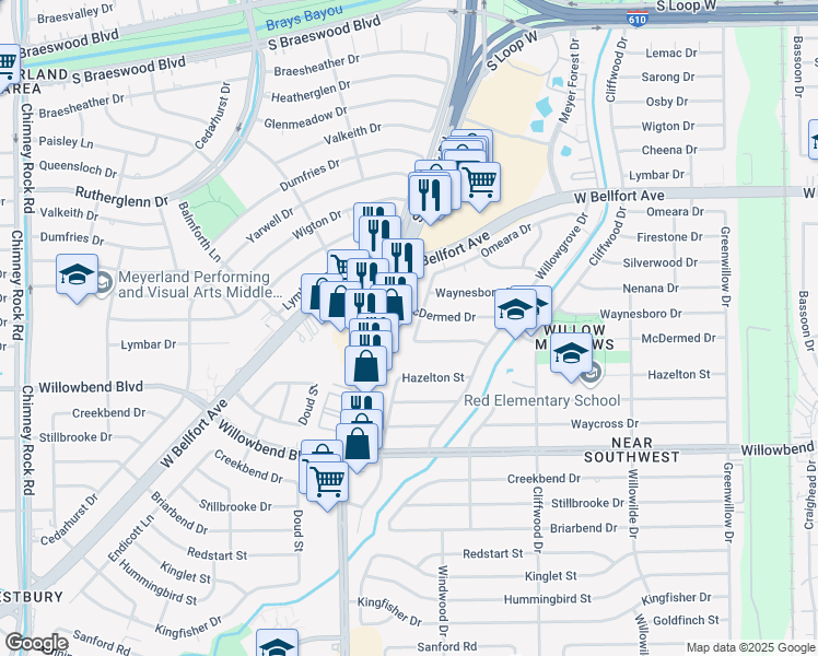 map of restaurants, bars, coffee shops, grocery stores, and more near 10410 Willowisp Drive in Houston
