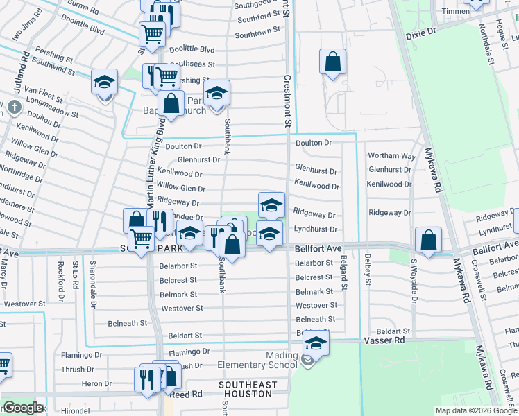 map of restaurants, bars, coffee shops, grocery stores, and more near 5934 Ridgeway Drive in Houston