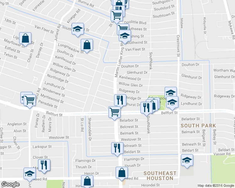map of restaurants, bars, coffee shops, grocery stores, and more near 5703 Northridge Drive in Houston