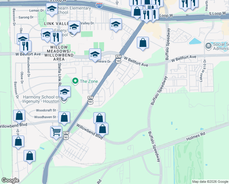 map of restaurants, bars, coffee shops, grocery stores, and more near 3406 Clearview Villa Way in Houston