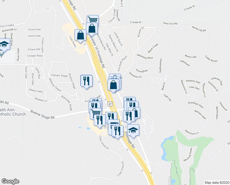 map of restaurants, bars, coffee shops, grocery stores, and more near 24200 W Interstate 10 in San Antonio