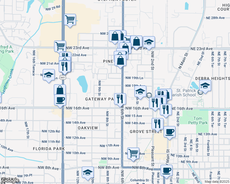 map of restaurants, bars, coffee shops, grocery stores, and more near 1804 Northwest 7 Street in Gainesville