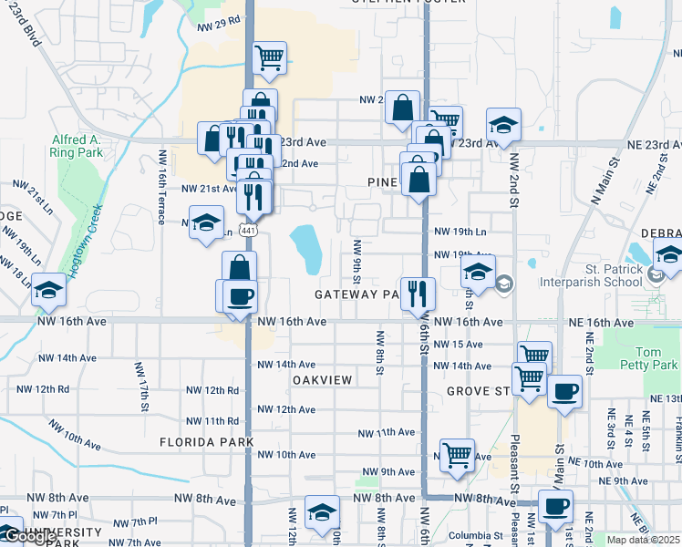 map of restaurants, bars, coffee shops, grocery stores, and more near 1800 Northwest 10th Street in Gainesville