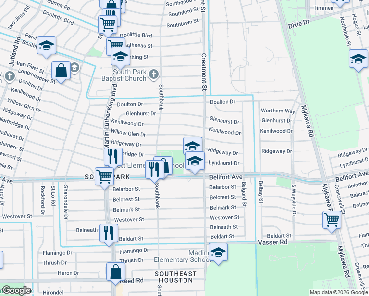 map of restaurants, bars, coffee shops, grocery stores, and more near 5934 Ridgeway Drive in Houston