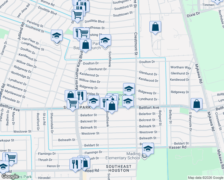 map of restaurants, bars, coffee shops, grocery stores, and more near 5902 Ridgeway Drive in Houston