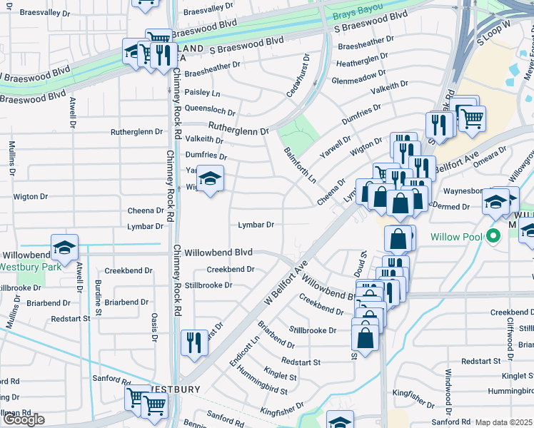 map of restaurants, bars, coffee shops, grocery stores, and more near 5207 Cheena Drive in Houston