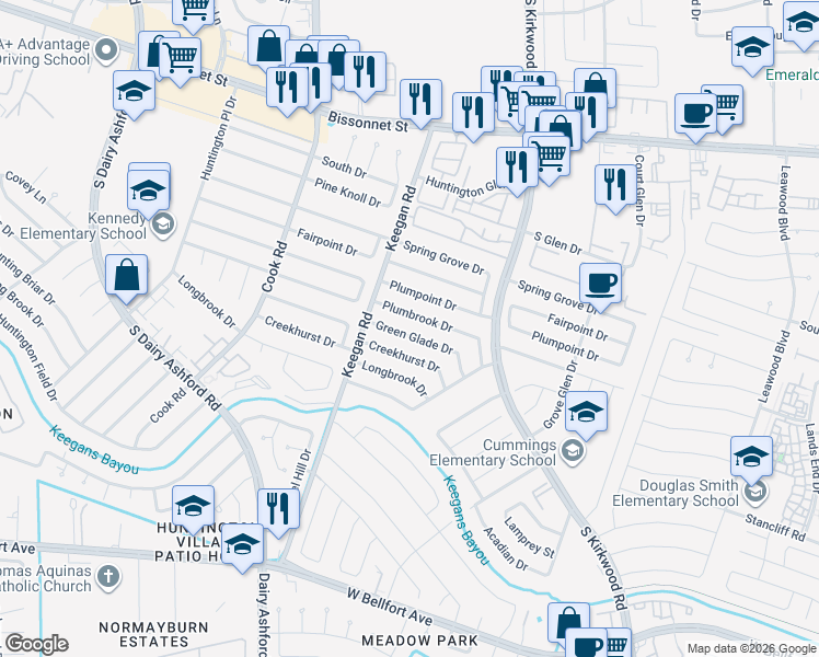 map of restaurants, bars, coffee shops, grocery stores, and more near 12042 Green Glade Drive in Houston