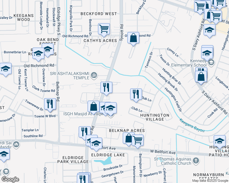 map of restaurants, bars, coffee shops, grocery stores, and more near 13270 Webb Lane in Houston