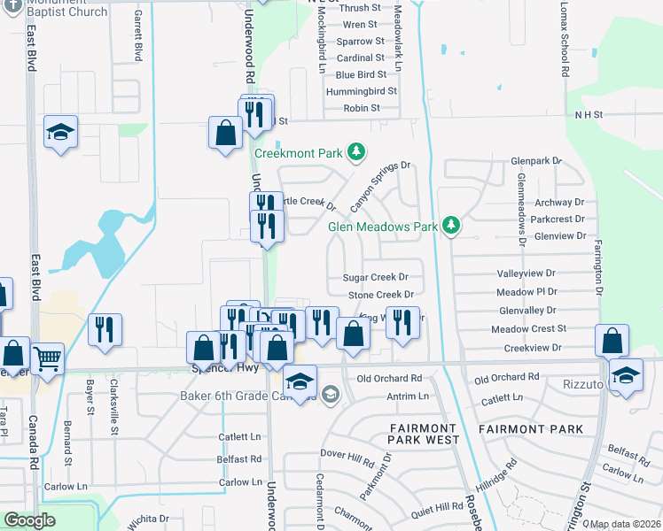 map of restaurants, bars, coffee shops, grocery stores, and more near 605 Briar Creek Drive in La Porte