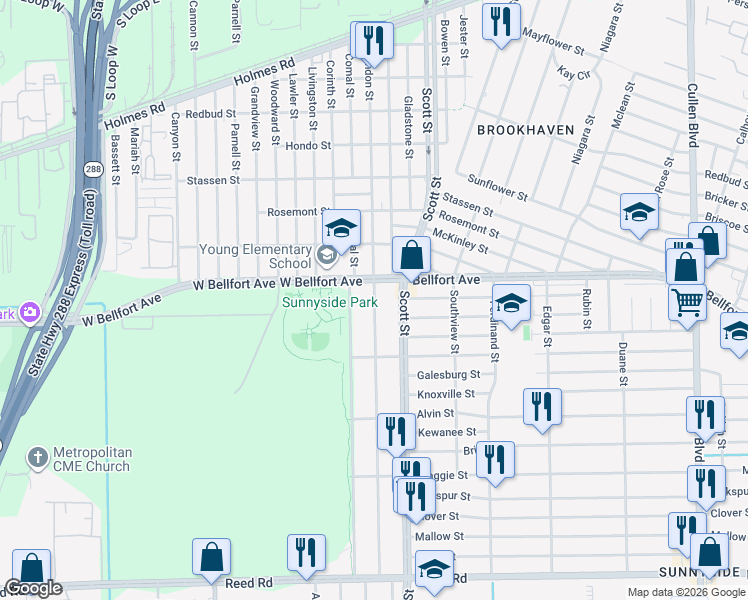 map of restaurants, bars, coffee shops, grocery stores, and more near 8519 Comal Street in Houston