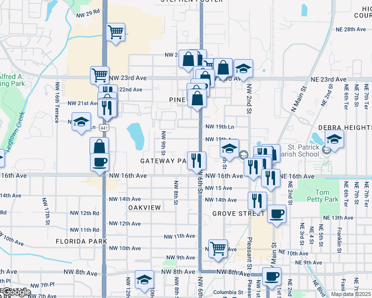 map of restaurants, bars, coffee shops, grocery stores, and more near 1804 Northwest 7th Street in Gainesville