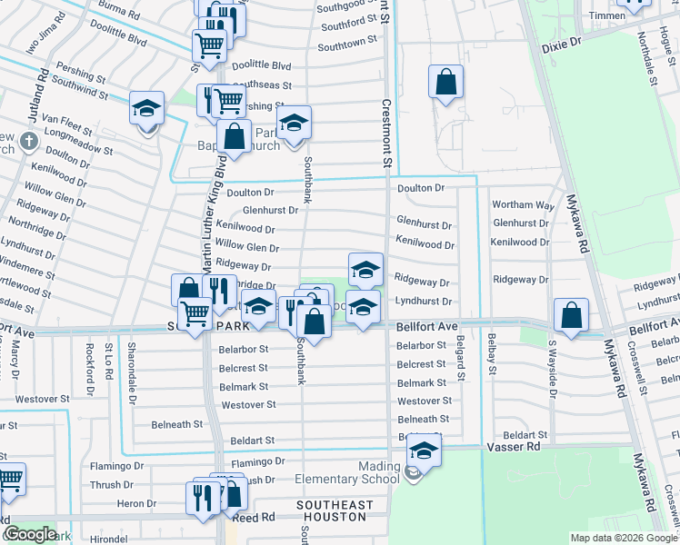 map of restaurants, bars, coffee shops, grocery stores, and more near 5934 Ridgeway Drive in Houston