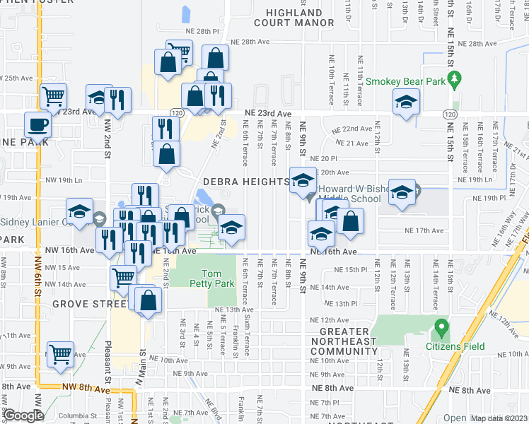 map of restaurants, bars, coffee shops, grocery stores, and more near 1805 Northeast 7 Street in Gainesville