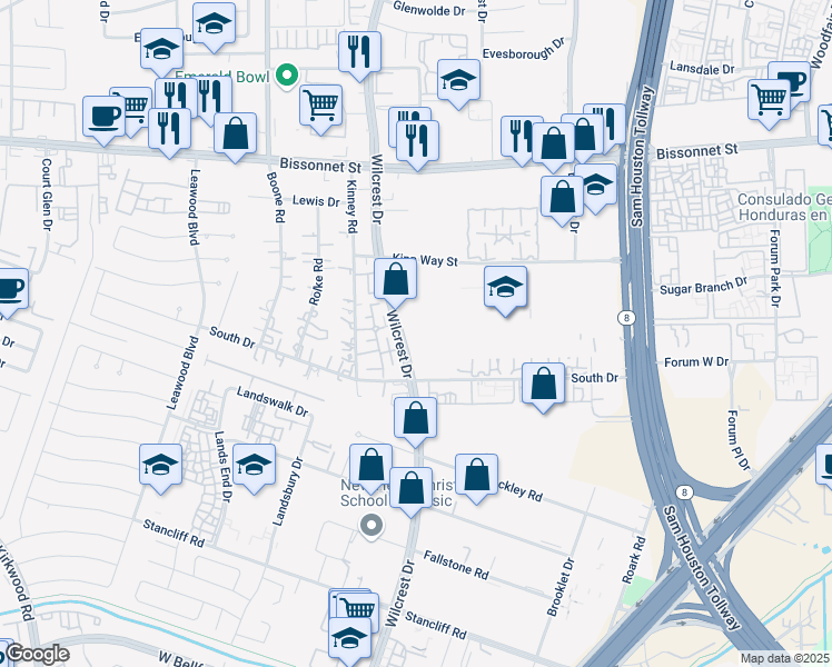map of restaurants, bars, coffee shops, grocery stores, and more near 10535 South Wilcrest Drive in Houston