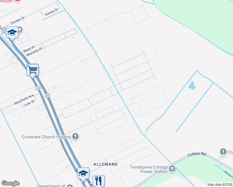map of restaurants, bars, coffee shops, grocery stores, and more near 401 Sugar Land St in Houma