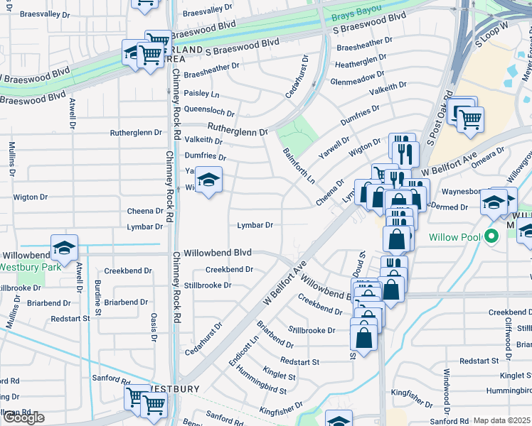 map of restaurants, bars, coffee shops, grocery stores, and more near 5207 Cheena Drive in Houston